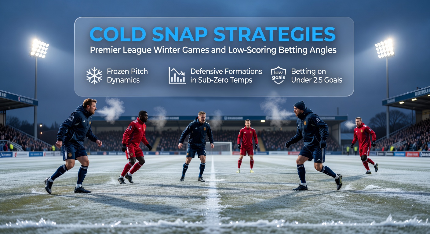 Frozen pitch during a Premier League winter match under snowy conditions, highlighting the impact of cold weather on gameplay