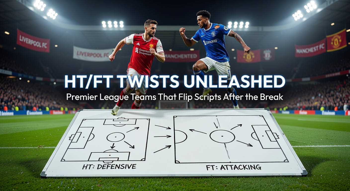 Premier League players charging forward in a dramatic second-half comeback, stadium lights blazing as the crowd erupts