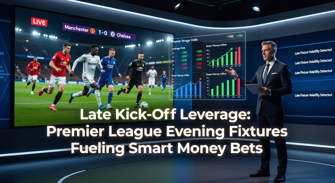 Vibrant Premier League stadium lit up for a late evening kick-off, crowds roaring under floodlights as players take the field