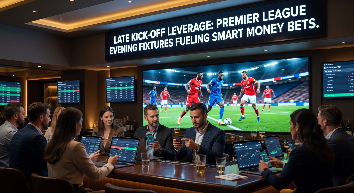 Betting odds board glowing in a dimly lit pub, punters huddled around discussing Premier League evening picks