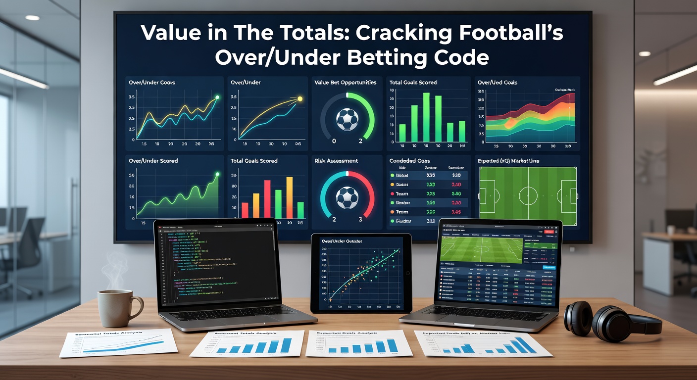 Data visualization of over/under trends in major football leagues, with charts showing goal distributions and line accuracies
