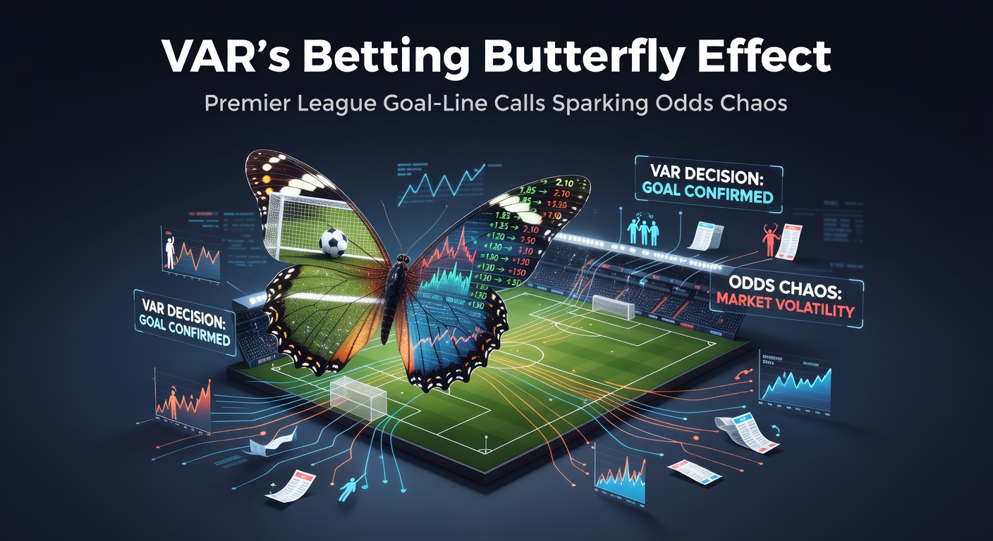 VAR officials reviewing a tight goal-line decision during a heated Premier League match, with players protesting on the pitch