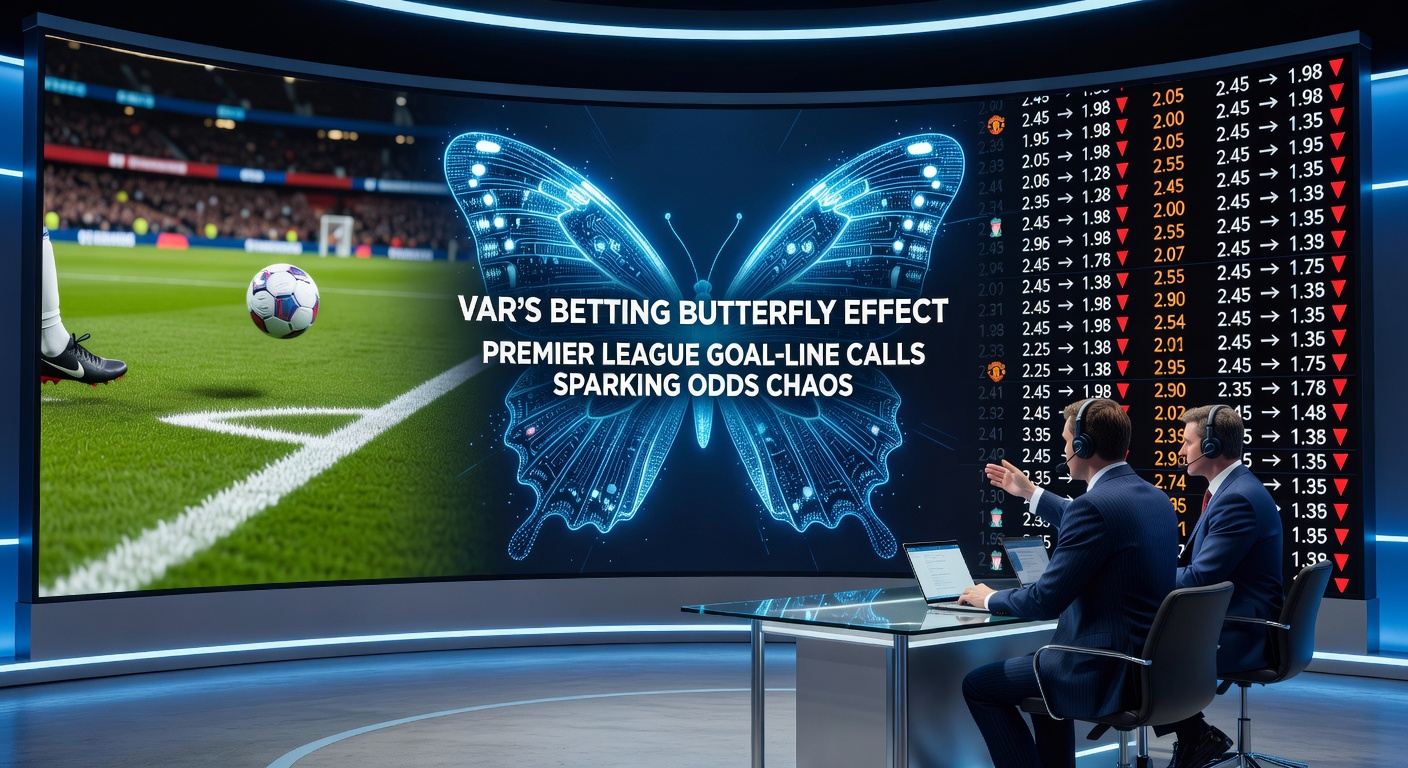 Dramatic moment of a Premier League goal-line VAR review on the stadium screen, fans in tension and bookmakers' odds fluctuating wildly