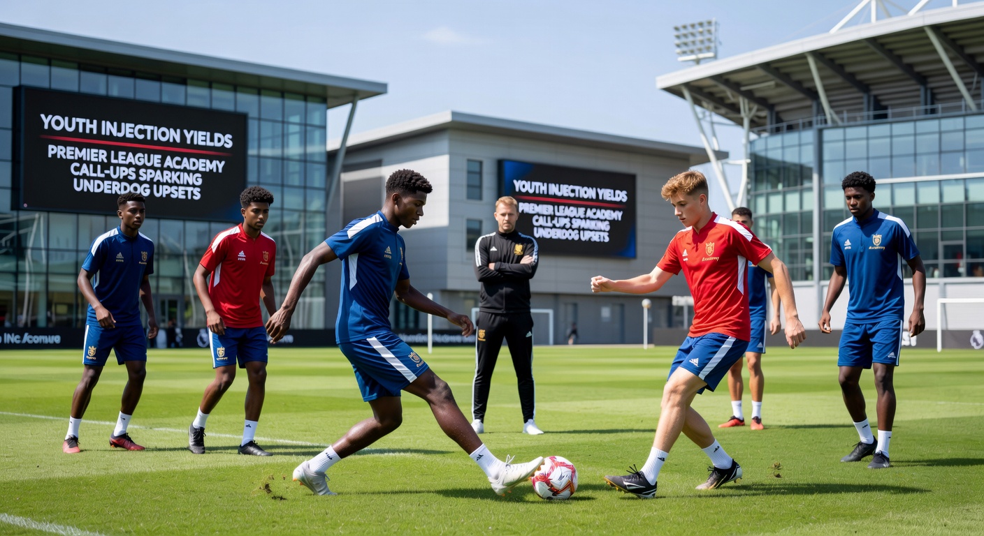 Premier League underdog team huddling with academy youngsters before kickoff in a high-stakes match