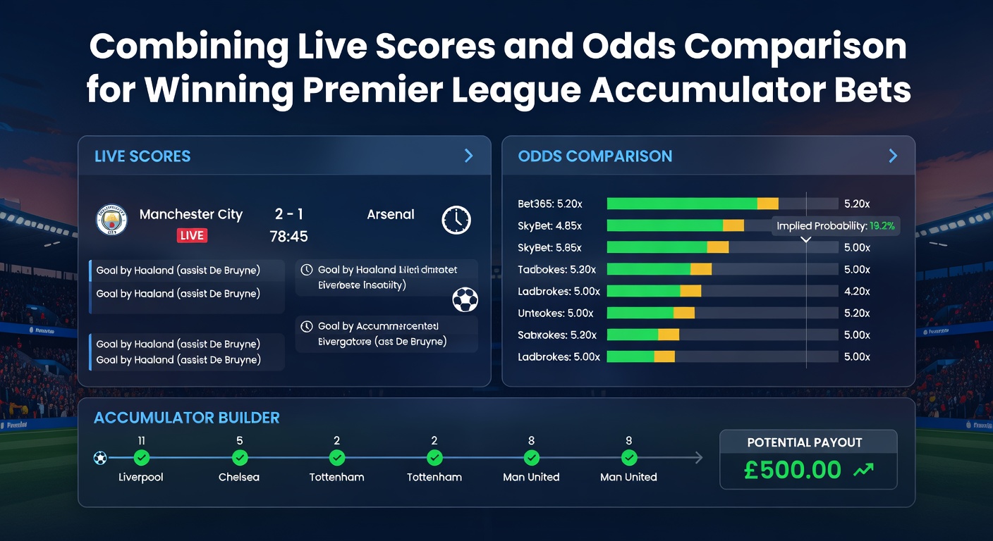 Digital dashboard displaying live Premier League scores alongside fluctuating odds for multiple matches in an accumulator bet setup