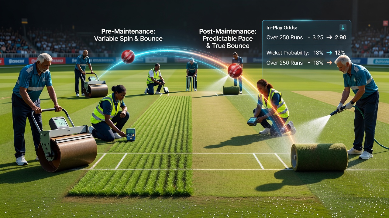 Close-up view of a football pitch showing varied grass lengths and moisture patches affecting ball roll during a league match