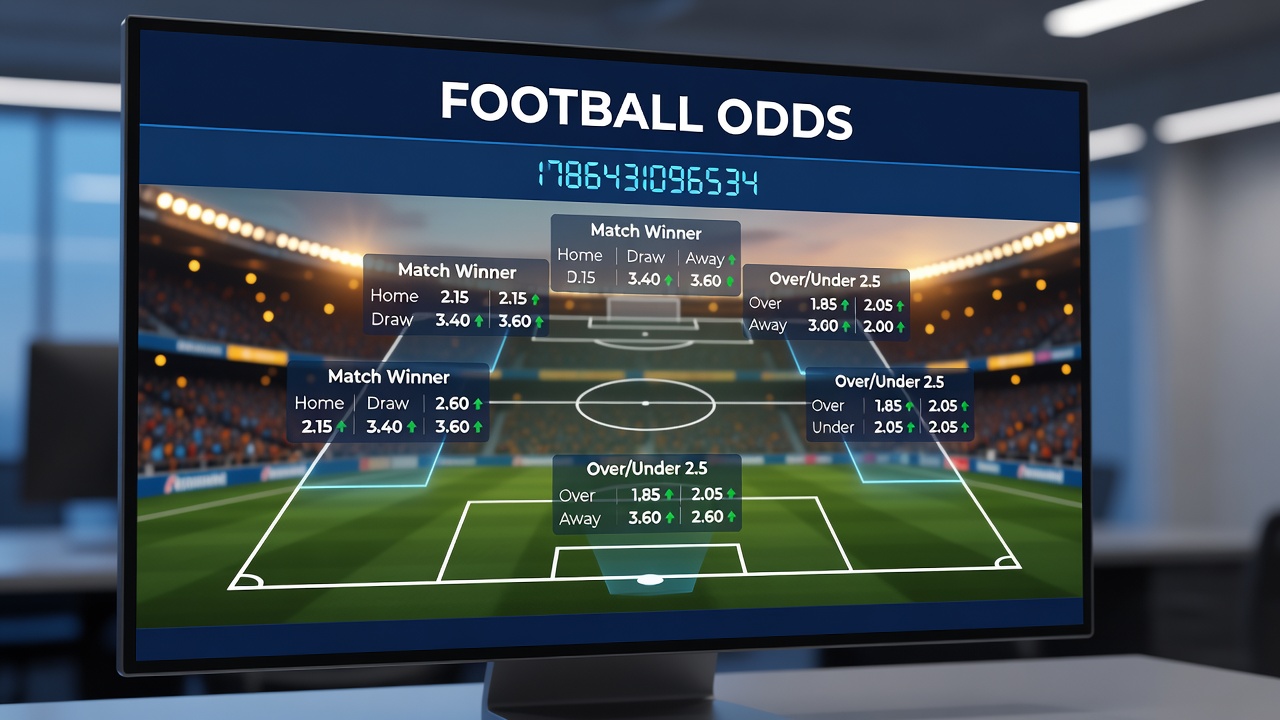 Live football odds screen displaying in-play betting markets and dynamic line movements during an evening fixture
