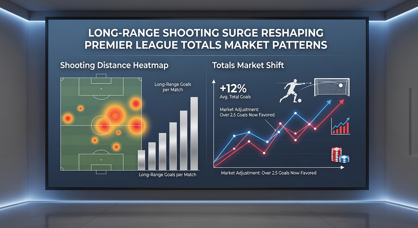Close-up of a Premier League midfielder striking a long-range effort, highlighting the technical shift influencing goal totals and betting markets