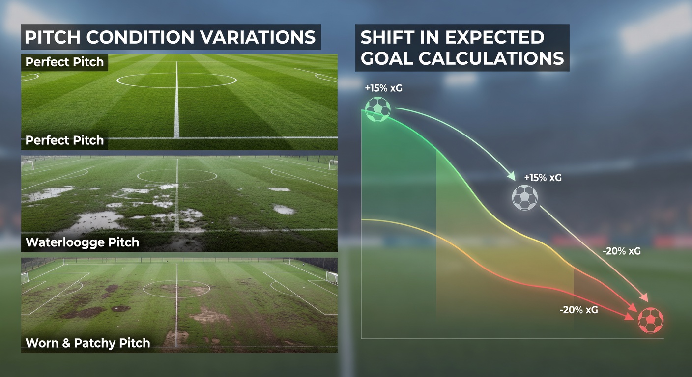 Football pitch showing varied grass conditions and surface wear during a professional match