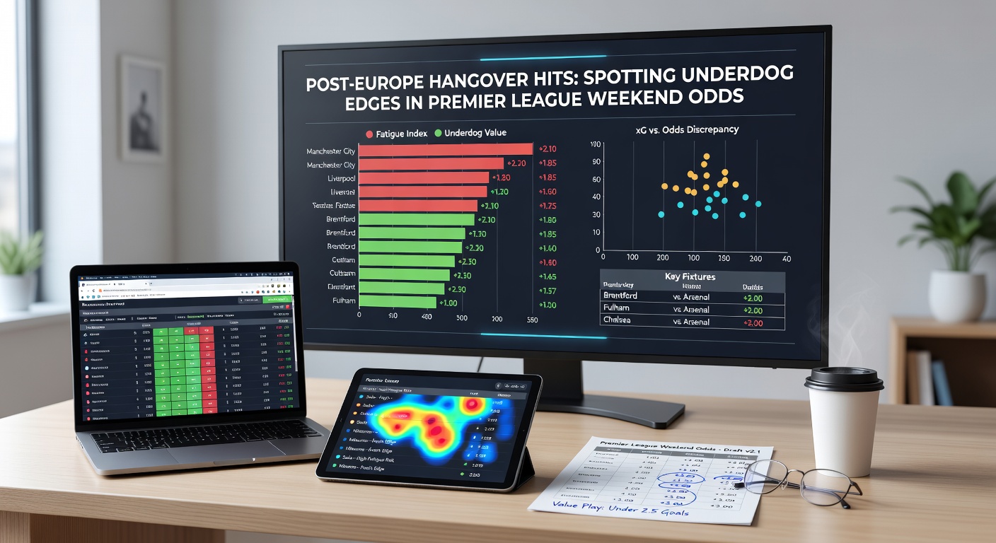 Premier League underdog celebrating a shock victory against a top side reeling from European fatigue, crowd in frenzy behind