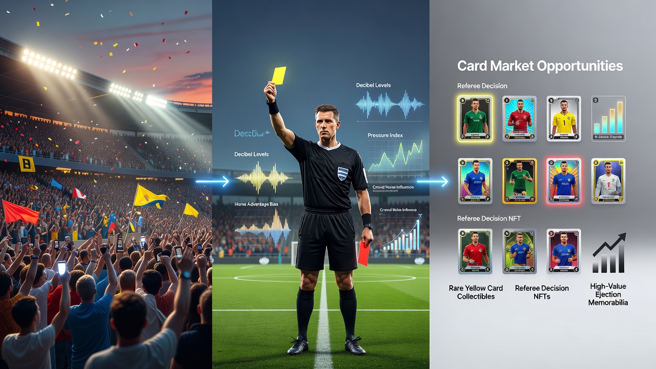Referee showing a yellow card to a player amid visible crowd reactions in a packed football stadium