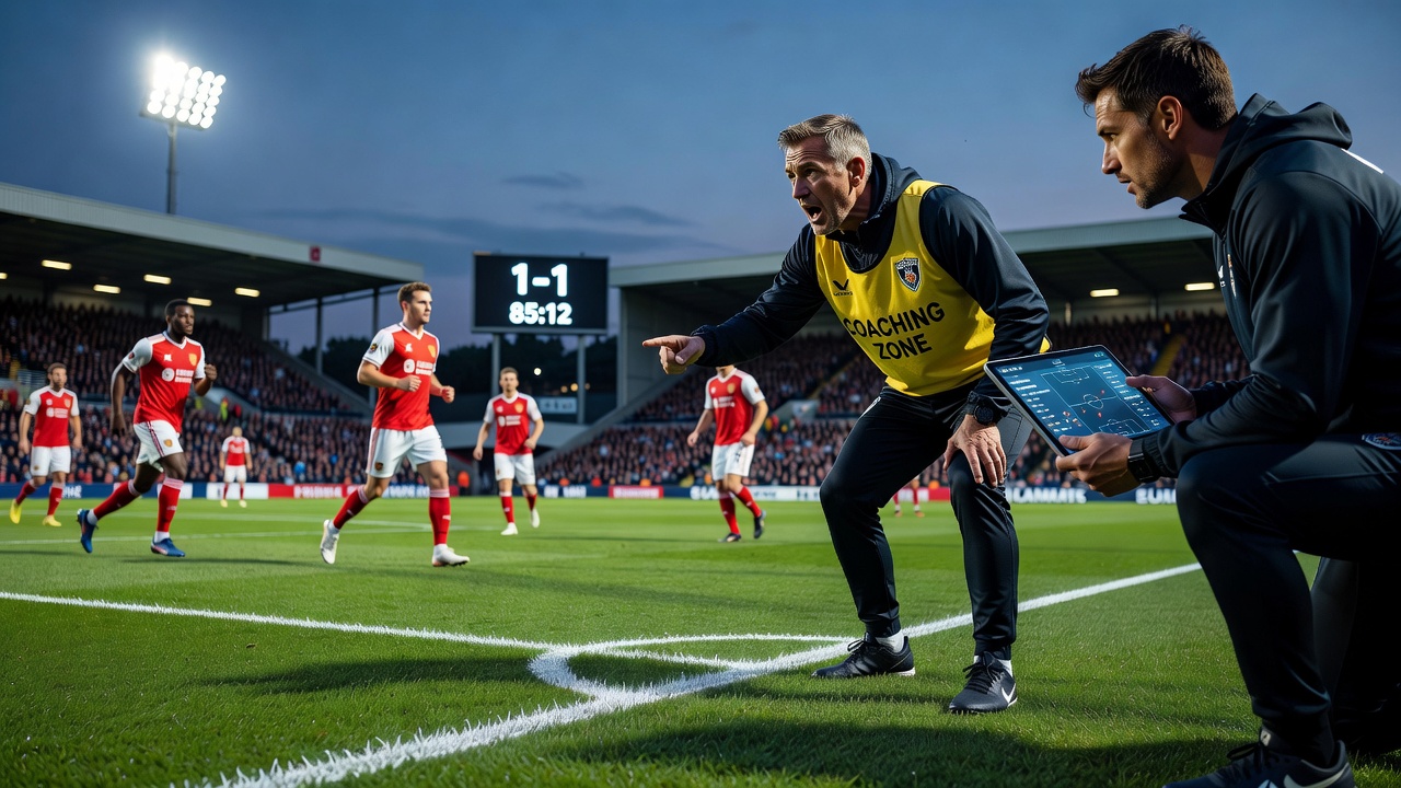 Football manager standing near the touchline during a high-stakes domestic league match with restricted movement area marked