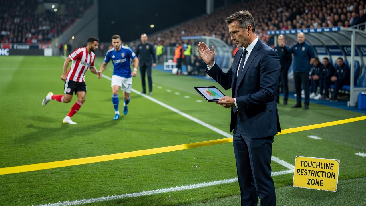 Coaching staff gathered in the technical area discussing adjustments during a tense domestic league fixture
