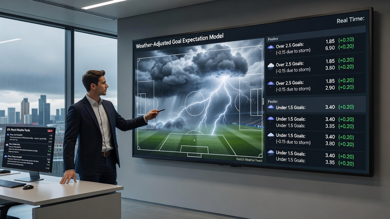 Football analysts reviewing weather data overlays on Premier League match statistics